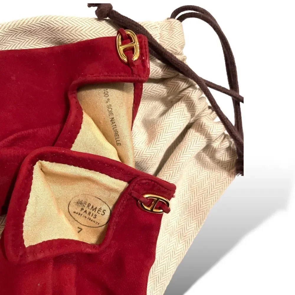 HERMÈS Link Vintage Dark Red Suede Gloves |Size: 7|